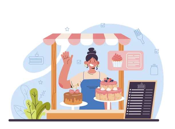 Female baker selling cake  Illustration