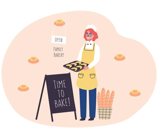 Female Bakery Owner holding pastries  Illustration