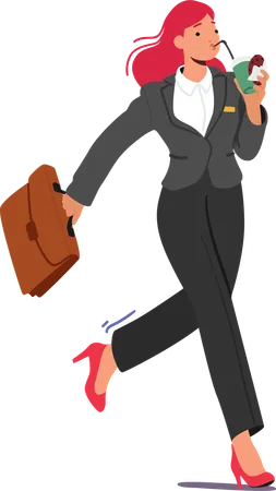 Busy Businesswoman In A Sharp Suit Swiftly Savors A Quick Meal On Her Commute Female Character Balancing Productivity And Nourishment In Her Fast Paced World Cartoon People Vector Illustration Illustration