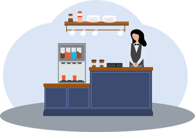 Female barista at coffee counter Illustration