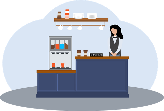 Female barista at coffee counter  Illustration