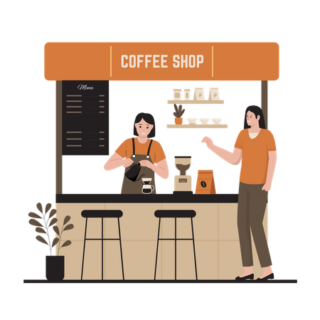 Female barista making coffee at street shop Illustration