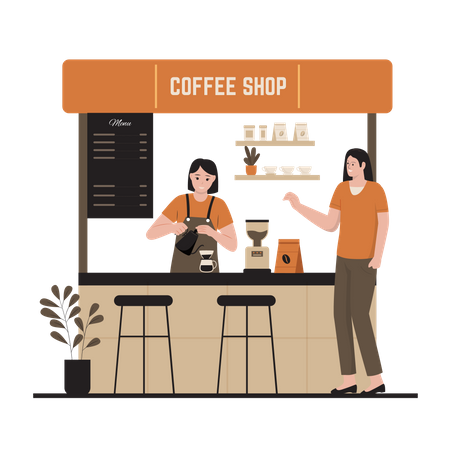 Female barista making coffee at street shop  Illustration