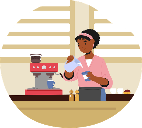 Female Barista Making Coffee With Espresso Machine In Cafe  Illustration