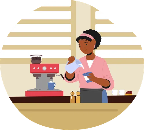 Female Barista Making Coffee With Espresso Machine In Cafe  Illustration