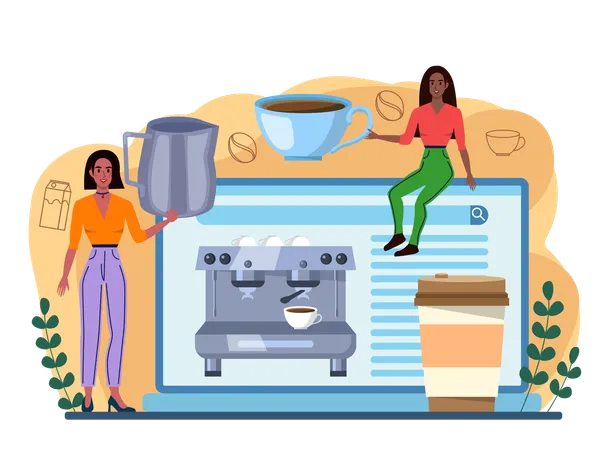 Female barista making online coffee using coffee machine  일러스트레이션