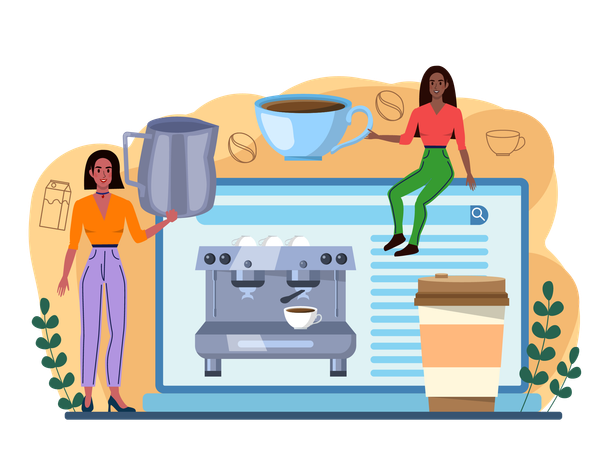 Female barista making online coffee using coffee machine  Illustration