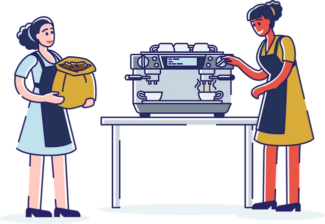 Female barista putting fresh grind coffee in coffee machine Illustration