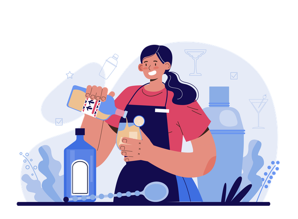 Female bartender preparing alcoholic drinks with shaker  Illustration