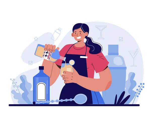 Female bartender preparing alcoholic drinks with shaker  Illustration