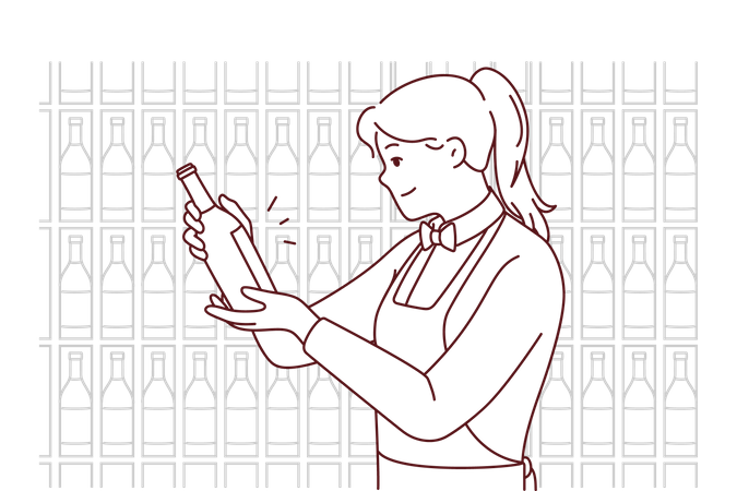 Female bartender serving wine bottle  Illustration