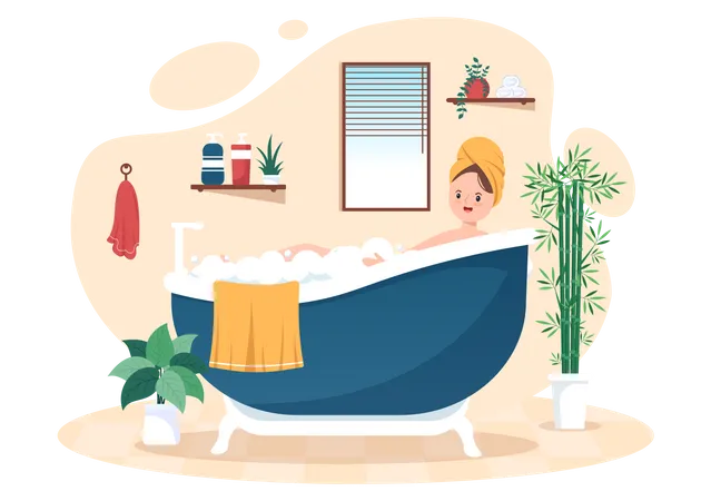 Female bathing in bathtub  Illustration