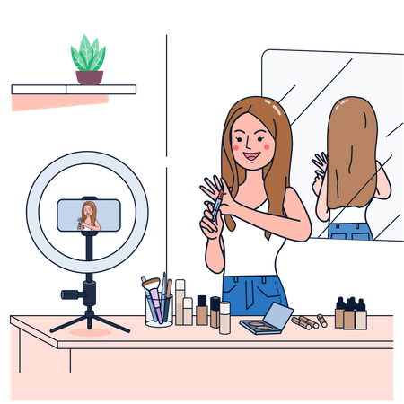 Female beauty vlogger doing makeup  Illustration