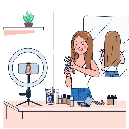 Female beauty vlogger doing makeup Illustration