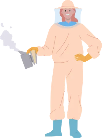 Female beekeeper in suit holding smoker tool  Illustration