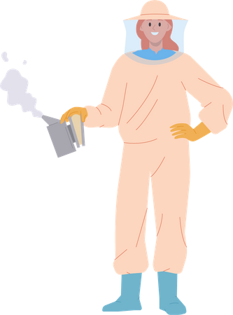 Female beekeeper in suit holding smoker tool  Illustration