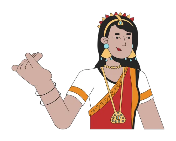 Female Bharatanatyam Dancer 2 D Linear Cartoon Character Ethnic Wear Indian Woman Isolated Line Vector Person White Background Hindu Festival Of Lights Deepawali Color Flat Spot Illustration Illustration