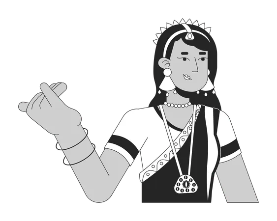 Female Bharatanatyam Dancer Black And White 2 D Line Cartoon Character Ethnic Wear Indian Woman Isolated Vector Outline Person Hindu Festival Of Lights Deepawali Monochromatic Flat Spot Illustration Illustration