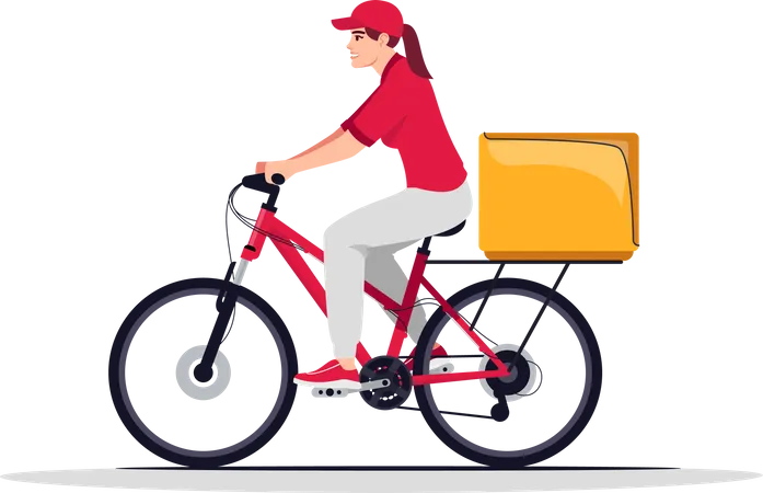 Female Bike Courier In Red Semi Flat RGB Color Vector Illustration Caucasian Worker With Package On Bicycle Fast Food Home Shipping Delivery Woman Isolated Cartoon Character On White Background Illustration