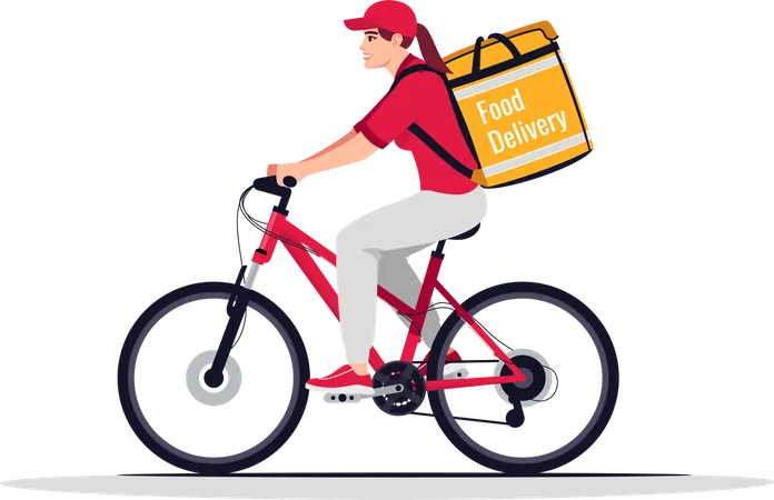 Female Bike Courier With Food Delivery Semi Flat RGB Color Vector Illustration Caucasian Worker In Red Uniform Fast Food Home Shipping Delivery Woman Isolated Cartoon Character On White Background Illustration