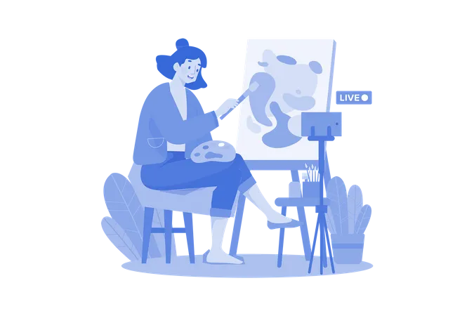 Female Blogger Draws A Picture On Canvas  Illustration