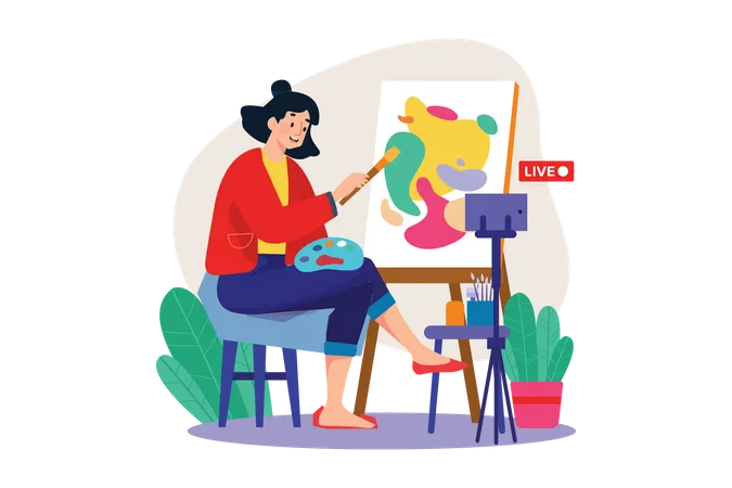Female blogger draws a picture on canvas  Illustration