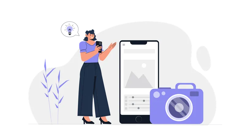 Female blogger editing photo on mobile phone  Illustration