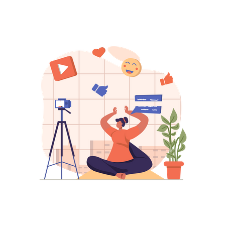 Female blogger shooting yoga video Illustration