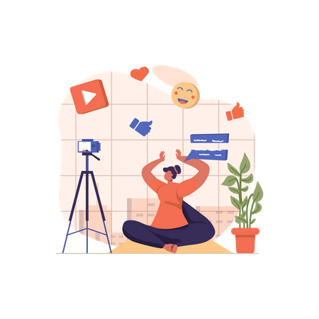 Female blogger shooting yoga video  Illustration