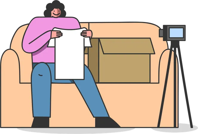 Female blogger unboxing and reviewing purchase clothes  Illustration