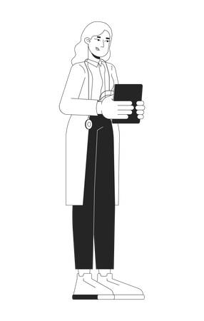 Female blonde doctor in white coat holding tablet  Illustration