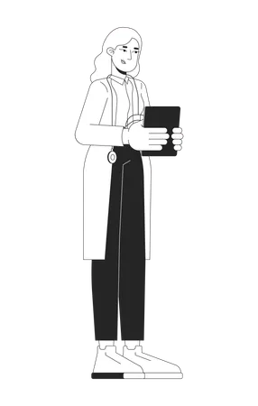 Female blonde doctor in white coat holding tablet  Illustration