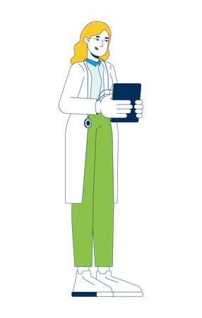 Female blonde doctor in white coat holding tablet  Illustration