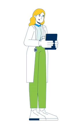 Female blonde doctor in white coat holding tablet  Illustration