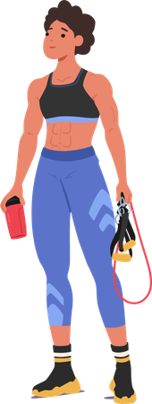 Female Bodybuilder Stands with Shaker Bottle and Resistance Band  Illustration