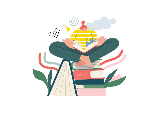 Life Unframed Book Universe Modern Flat Vector Concept Illustration Of A Reader On Stack Of Books Metaphor Of Unpredictability Imagination Whimsy Cycle Of Existence Play Growth And Discovery Illustration