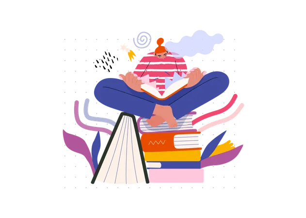 Life Unframed Book Universe Modern Flat Vector Concept Illustration Of A Reader On Stack Of Books Metaphor Of Unpredictability Imagination Whimsy Cycle Of Existence Play Growth And Discovery Illustration