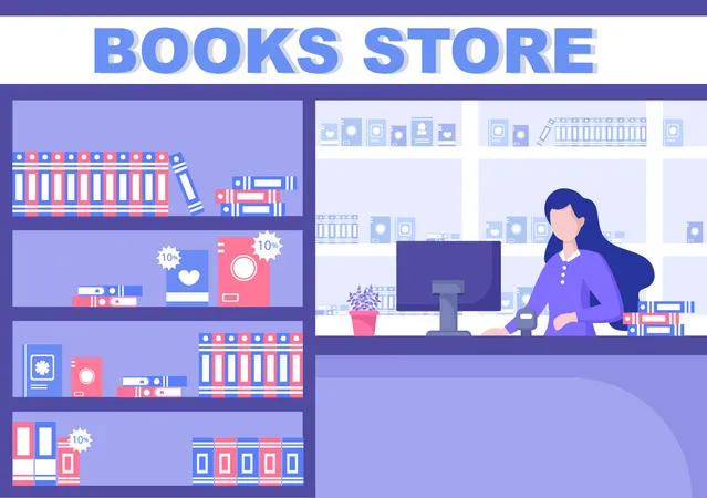 Female Book shop owner standing at reception  Illustration