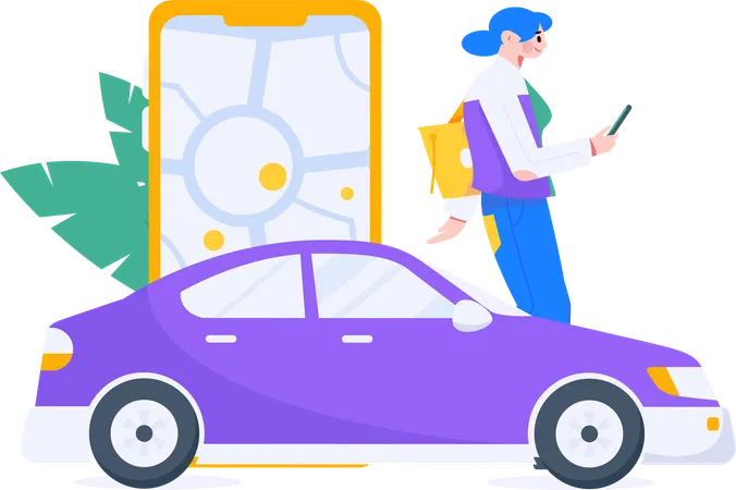 Female booking taxi on mobile app  Illustration