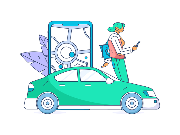 Female booking taxi on mobile app  Illustration