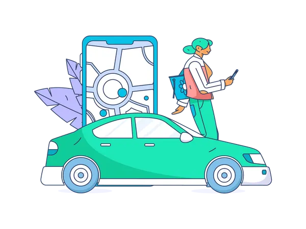 Female booking taxi on mobile app  Illustration