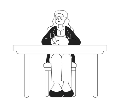 Middle Eastern Boss Lady Sitting At Desk Black And White 2 D Cartoon Character Caucasian Young Adult Woman Workspace Office Isolated Vector Outline Person Ceo Monochromatic Flat Spot Illustration Illustration