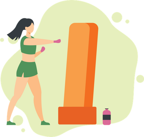 Female boxer practicing using a punching bag  Illustration