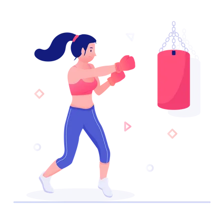 Female boxer practicing using punching bag Illustration