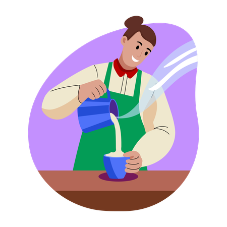 Female brewer pouring milk in cup to Making coffee  Illustration