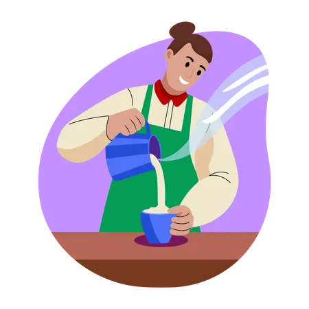 Female brewer pouring milk in cup to Making coffee  Illustration