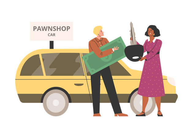 Female bring car key to Pawnshop while customers buy and sell second hand automobile and get cash  Illustration