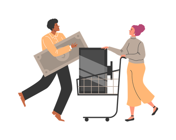 Female bring old TV technique to Pawnshop while customers buy and sell second hand electric appliances and get cash  Illustration