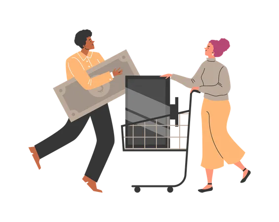 Female bring old TV technique to Pawnshop while customers buy and sell second hand electric appliances and get cash  Illustration