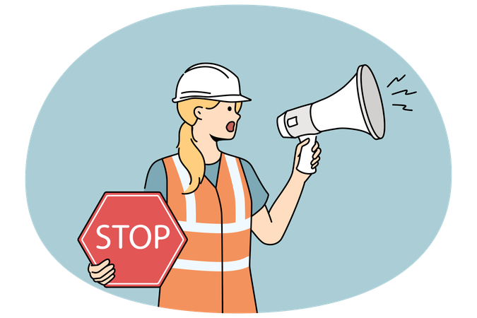 Female builder with megaphone and stop sign  Illustration